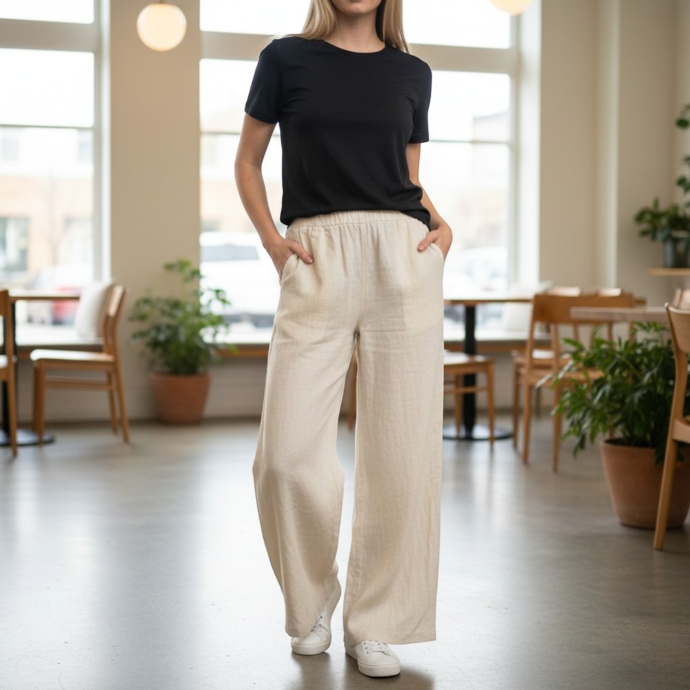 Love Tree Beige Wide Leg Linen Blend Trousers Elastic Back Pants Small 6980PN